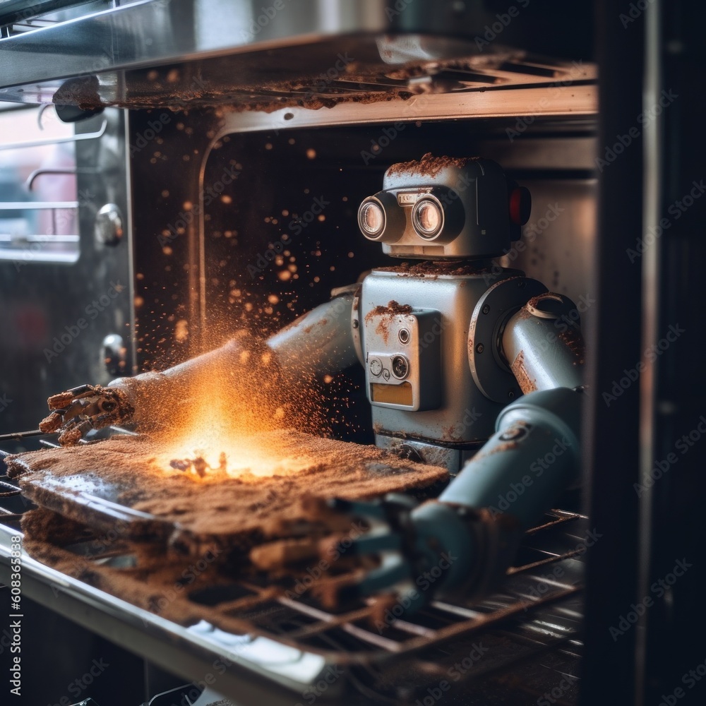 Poster a robot that is cooking food in an oven. generative ai image.
