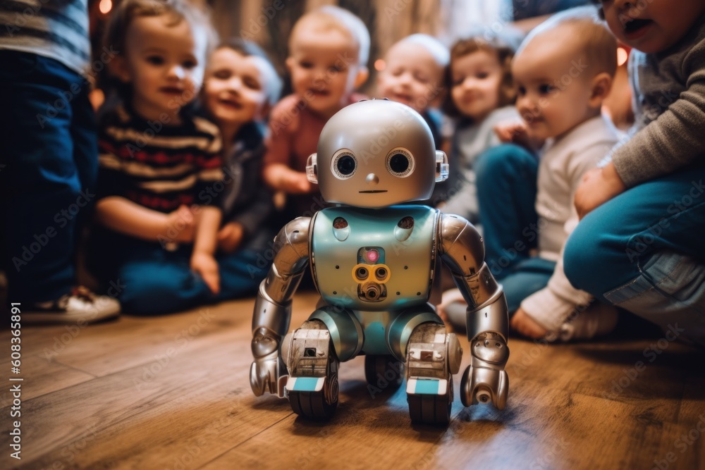 Poster a group of children sitting around a robot. generative ai image.