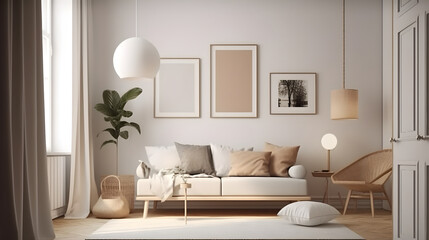 Naklejka na ściany i meble Minimalist Interior of modern living room 3D rendering, generative ai