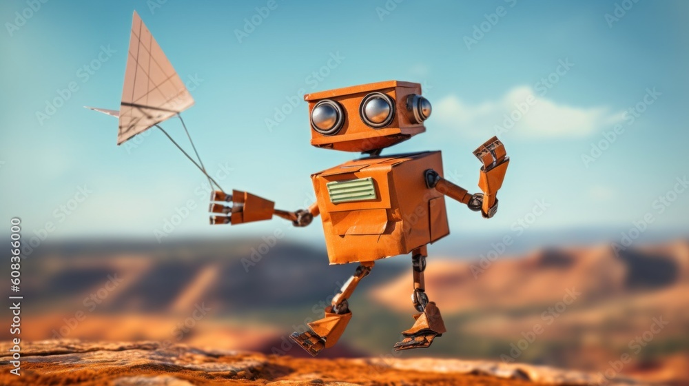 Poster a toy robot flying a kite on top of a mountain. generative ai image.