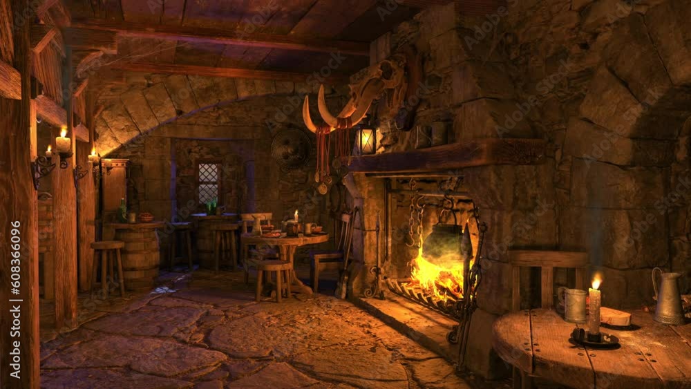 Wall mural tables by a fireplace in a dark atmospheric medieval tavern bar lit by candles. animation.