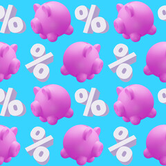 3d seamless pattern of pink piggy bank and percent sign on blue color background, time to save money. 3d design