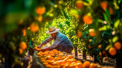 Fotobehang Gardener harvesting the ripe orange fruit at orange trees on organic fruit farm. Generative AI © Александр Марченко