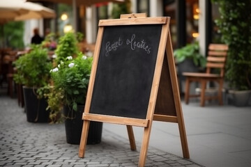 Mockup, advertising billboard near a cozy European restaurant or cafe. Cafe menu or pointer board for writing information to guests. AI generated.