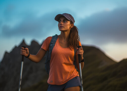 Mountain Wanderlust. Beautiful, happy young woman hiker with a backpack in a stunning mountain landscape. Summer vacation trip to the mountains, girl in nature camping concept ai generative