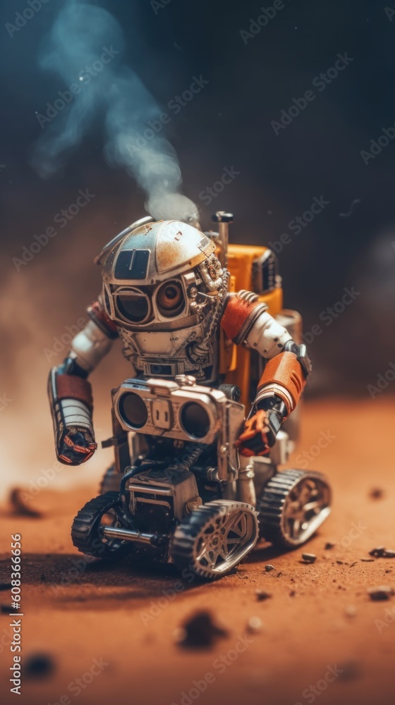 Poster a toy robot sitting on top of a pile of dirt. generative ai image.