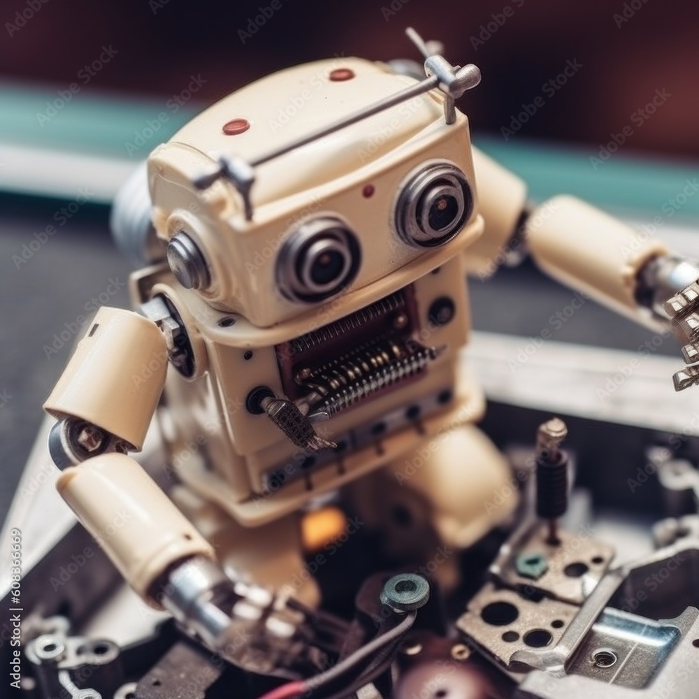 Poster a toy robot sitting on top of a table. generative ai image.