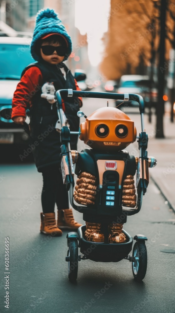 Aufkleber a child pushing a cart with a robot on it. generative ai image.