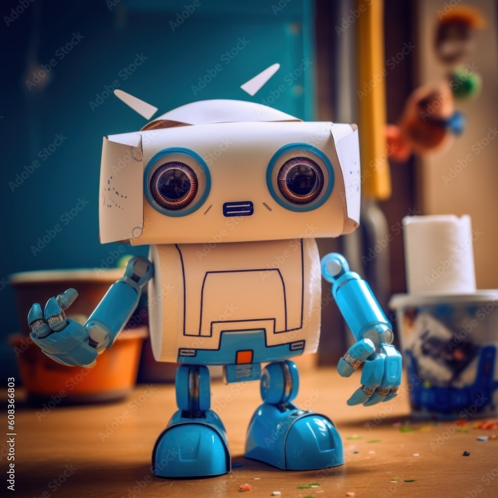 Poster a toy robot is standing on a table. generative ai image.