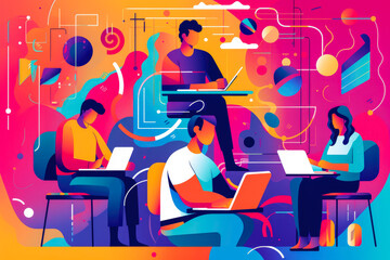 Abstract vector illustration representing the workflow and benefits of edtech or e learning. Remote learning and online education concept artwork.