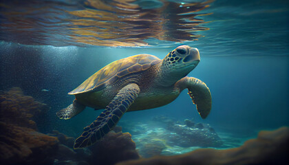 An endangered Hawaiian Green Sea Turtle cruises in the sea Ai generated image 