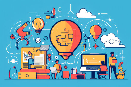 Abstract vector illustration representing the workflow and benefits of edtech or e learning. Remote learning and online education concept artwork.