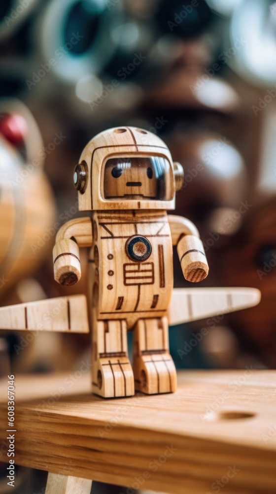 Aufkleber a wooden robot with a knife on a table. generative ai image.