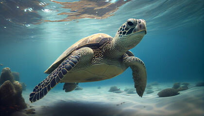 An endangered Hawaiian Green Sea Turtle cruises in the sea Ai generated image