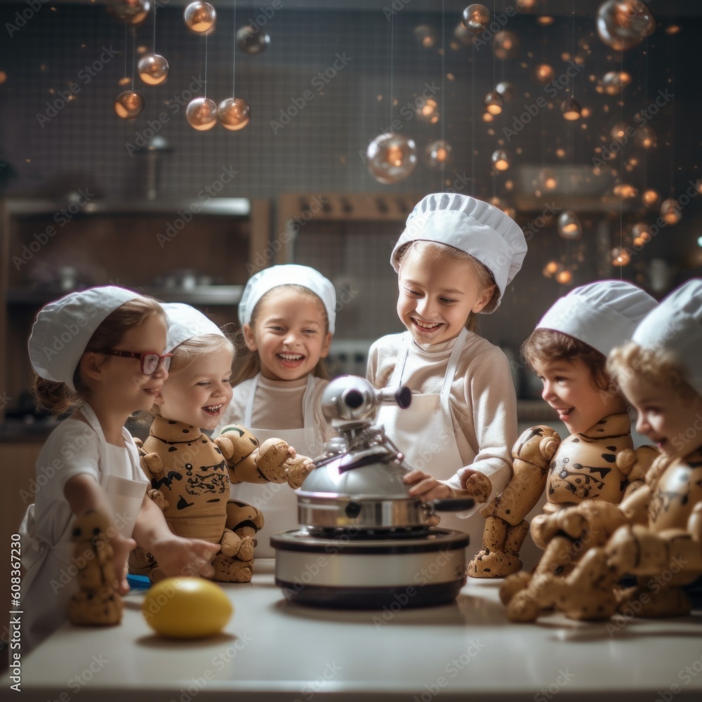 Poster a group of children in chef's hats around a cake. generative ai image.