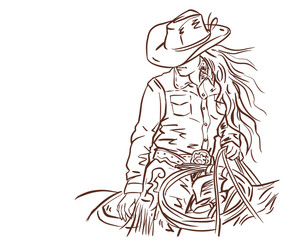 the girl with cowboy suit sitting on horseback vector for card decoration illustration