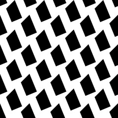 Repeated black slanted shapes on white background. Seamless surface pattern design with polygons ornament. Quadrangular blocks wallpaper. Jagged checks motif. Digital paper, print. Checkered vector.