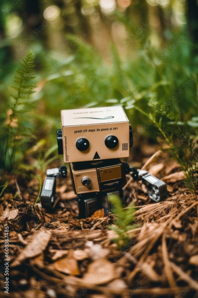 Poster a toy robot sitting in the middle of a forest. generative ai image.