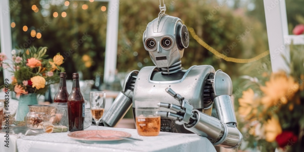 Poster a robot sitting at a table with a glass of wine. generative ai image.