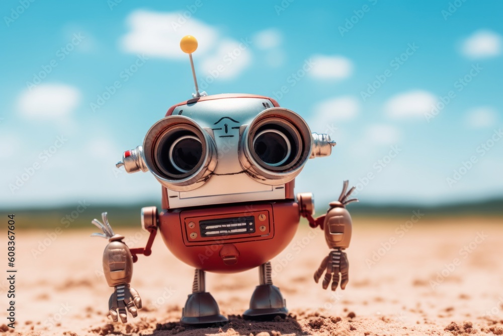 Aufkleber a toy robot is standing in the sand. generative ai image.