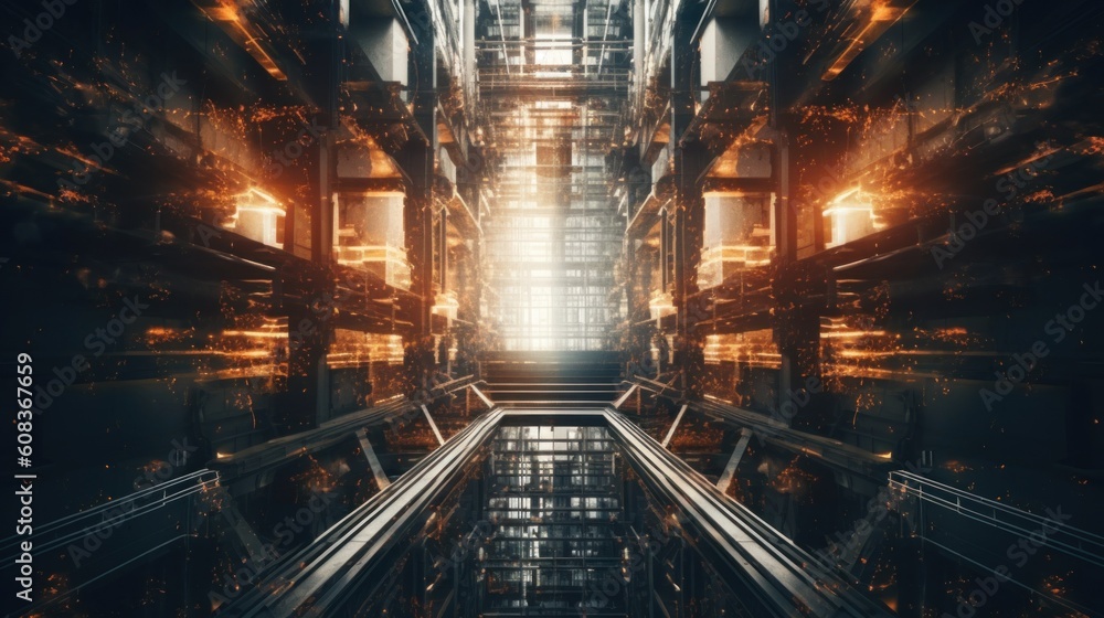 Poster an escalator in a dark building with a bright light coming through it. generative ai image.