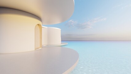 Futuristic minimalist architecture and beautiful seascape sunset 3d render