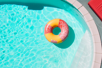 Piscina con flotadores e hinchables en vista cenital. Vista aérea de una piscina al sol en verano. Generative ai.