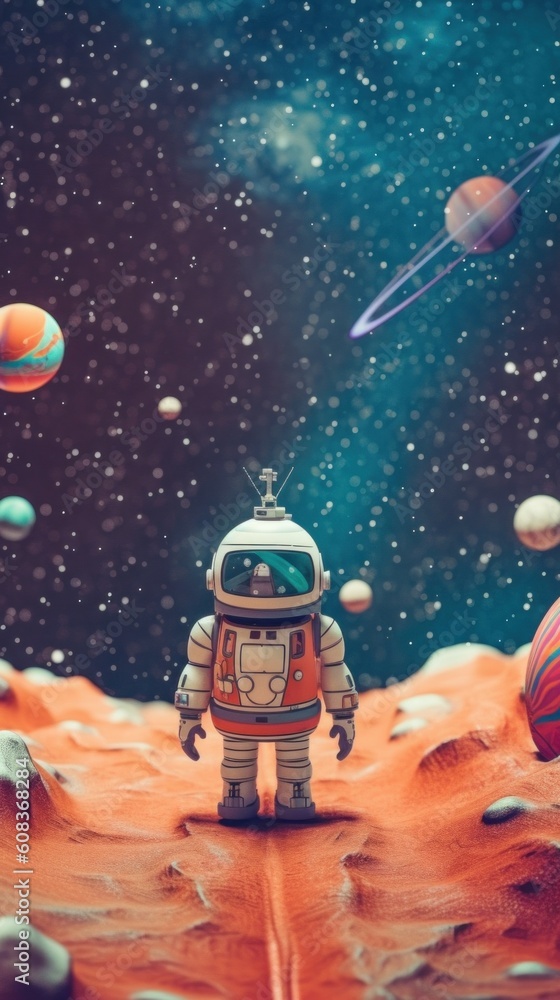 Aufkleber a toy astronaut standing on a red surface surrounded by planets. generative ai image.
