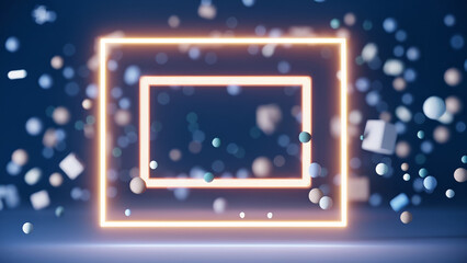Obraz premium abstract blurred 3D rendered background of glowing frame and various geometrical elements and shapes flying in space for product display or presentation cover in soft focus