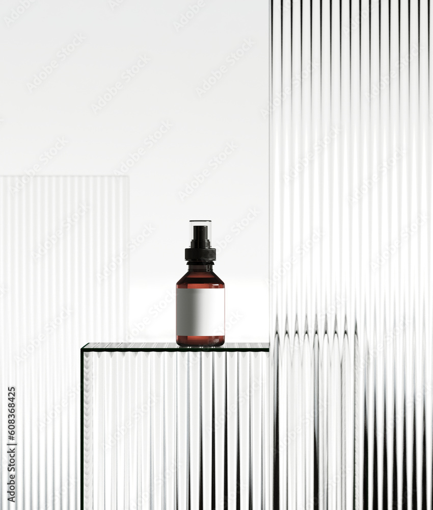 Poster minimal style mockup for product presentation. cosmetic podium with ribbed glass on white background
