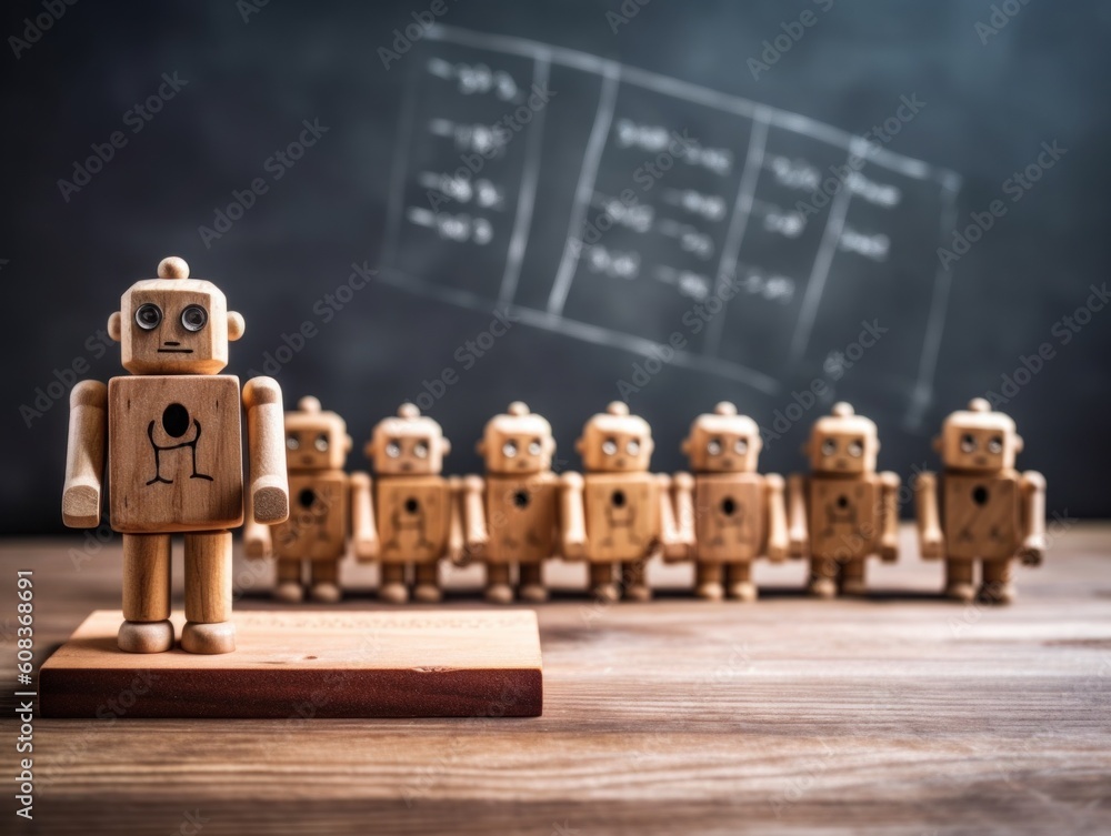 Aufkleber a group of wooden robots standing in front of a chalkboard. generative ai image.