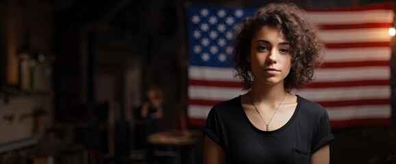 cool curly woman wearing blank bella canvas  black empty tshirt, showing for mockup area, hyperrealistic, boho style, american flag is on the background behind the woman,generative ai.