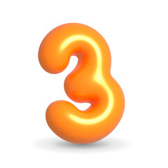 Gleaming, luxury and lustrous orange balloon digit three. 3d realistic design element isolated on white background. For Events, Party, Happy Birthday. - obrazy, fototapety, plakaty