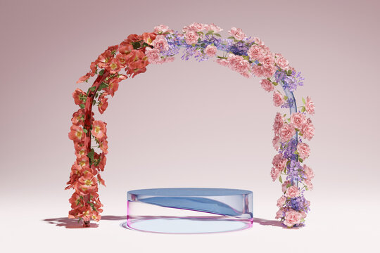 Abstact 3d render glass and crystal pedestal background, Crack glass podium and curved glass arch with colorful flowers for poduct display, cosmetic, mockup or etc