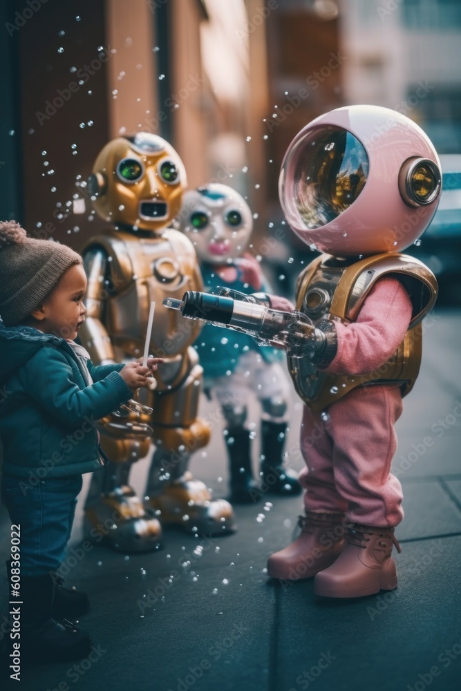 Poster a little boy standing next to a statue of a robot. generative ai image.
