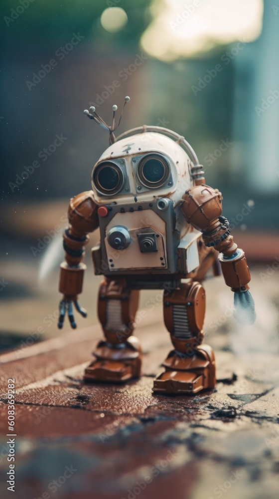 Aufkleber a toy robot is standing on the ground. generative ai image.
