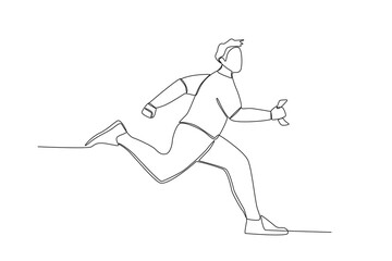 A man running to catch the train departure. Train station activities one-line drawing