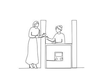 An officer serves passengers. Train station activities one-line drawing