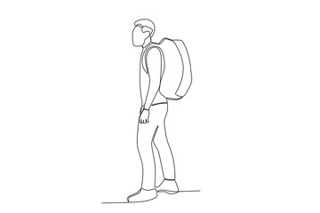 A train passenger carrying a bag. Train station activities one-line drawing