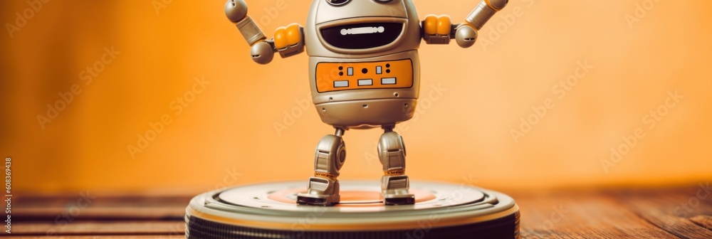 Aufkleber a toy robot is standing on a table. generative ai image.