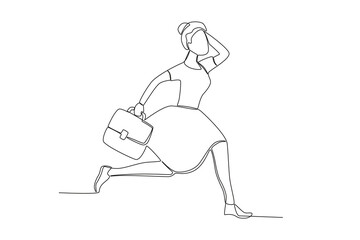 A woman is running at the station. Train station activities one-line drawing