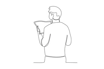 A man reads a newspaper at the station. Train station activities one-line drawing