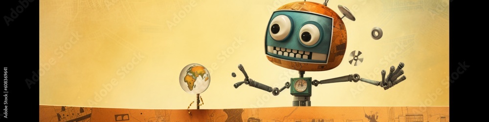 Poster a cartoon robot with arms outstretched and eyes open. generative ai image.