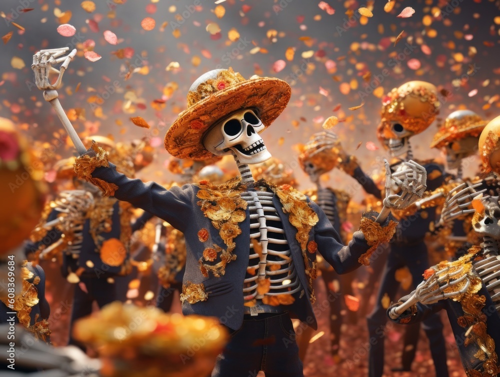 Poster a group of skeletons dressed in skeleton costumes. generative ai image.