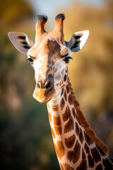 Fototapeta premium Close-up of a giraffe in the African savannah. Giraffe looking at camera with a bokeh background
