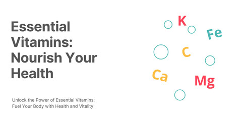 Essential Vitamins Banner on White Background. Stylish Banner with Text and Icons for Healthcare and Medical