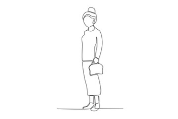 A woman carrying a handbag at the station. Train station activities one-line drawing