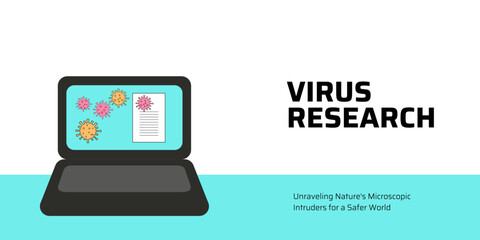 Virus Research Banner on White and Blue Background. Stylish Banner with Text and Icons for Healthcare and Medical