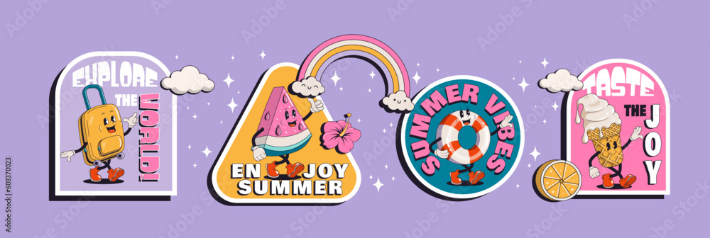 Wall mural Set of summer retro stickers or patches with walking funny cute comic characters. Lettering illustration for t-shirt print. Suitcase, ice cream, cocktail, spf cream, watermelon, pool float, surf