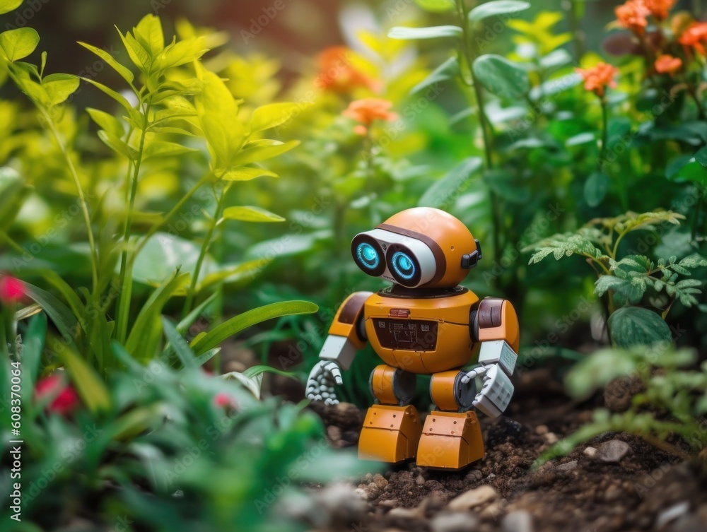 Poster a toy robot sitting in the middle of a garden. generative ai image.